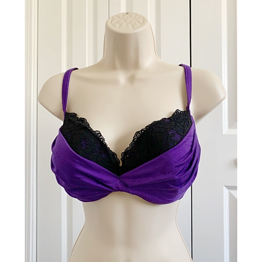 💜 Cacique Ruched Purple & Black Lace Bra – Flattering & Supporting Plunge – 40C